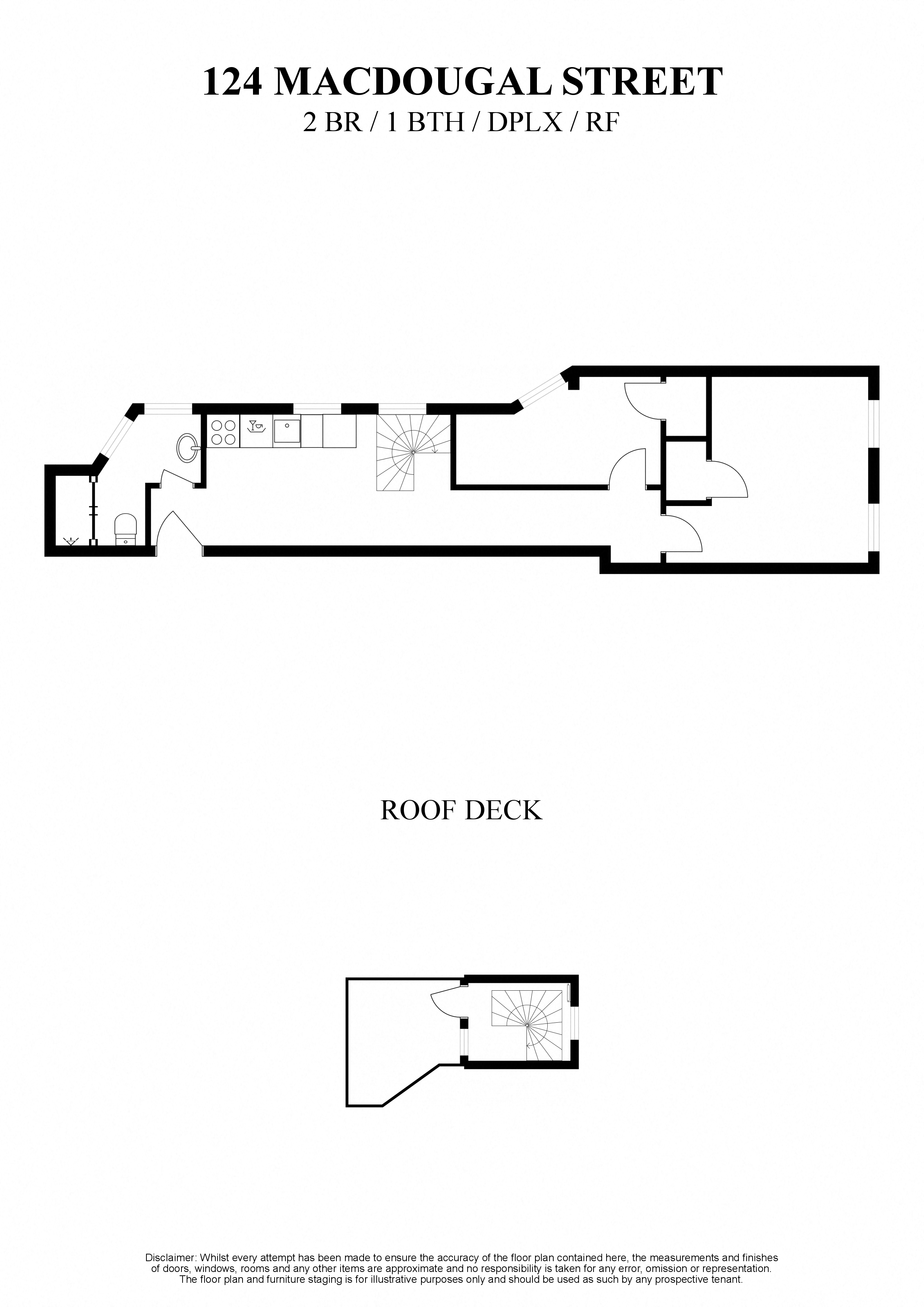 2D floor plan for 2 bedroom duplex one bathroom with private roof deck at 124 MacDougal Street New York